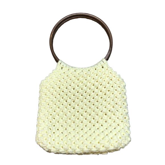 Macrame Handbag Purse Wooden Handle Crochet Knit Boho Chic Cream Small - Picture 1 of 12